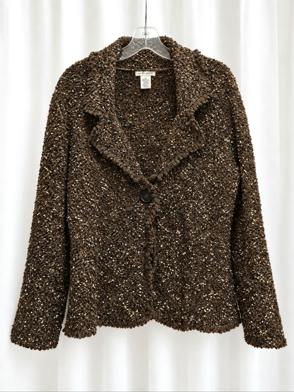 Laura Ashley 90s Speckled Chunky Knit Brown & Gray Fringe Trim Cardigan Sweater